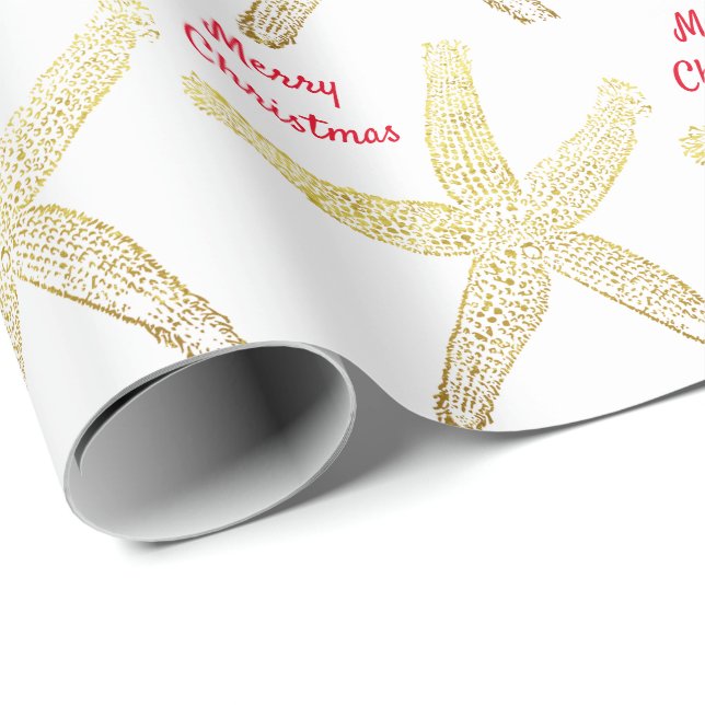 Starfish Pattern Gold White Golden Merry Christmas Wrapping Paper (Roll Corner)