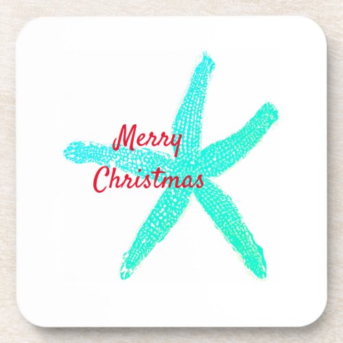 Starfish Pattern Green Blue Red Merry Christmas Beverage Coaster