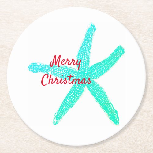Starfish Pattern Green Blue Red Merry Christmas Round Paper Coaster
