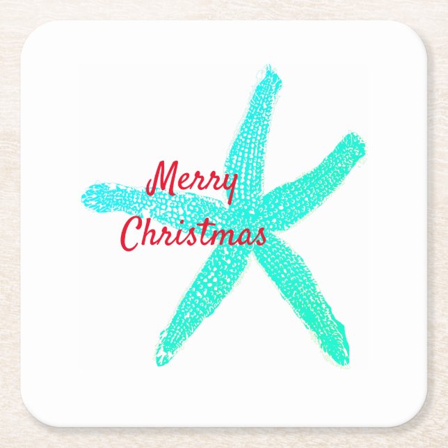 Starfish Pattern Green Blue Red Merry Christmas Square Paper Coaster (Front)