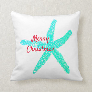 Starfish Pattern Green Blue Red Merry Christmas Throw Pillow