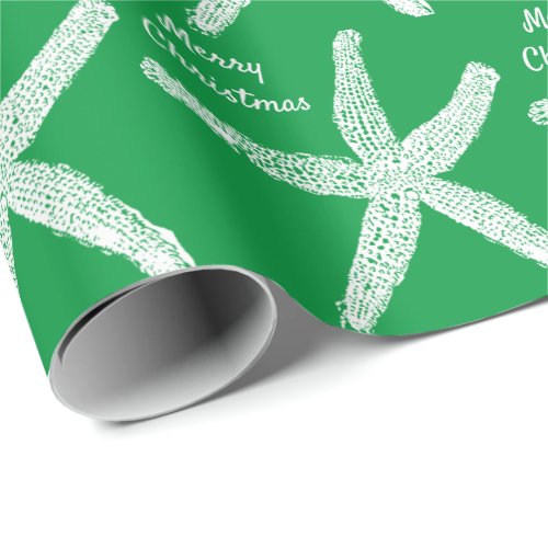 Starfish Pattern Green White Beach Merry Christmas Wrapping Paper