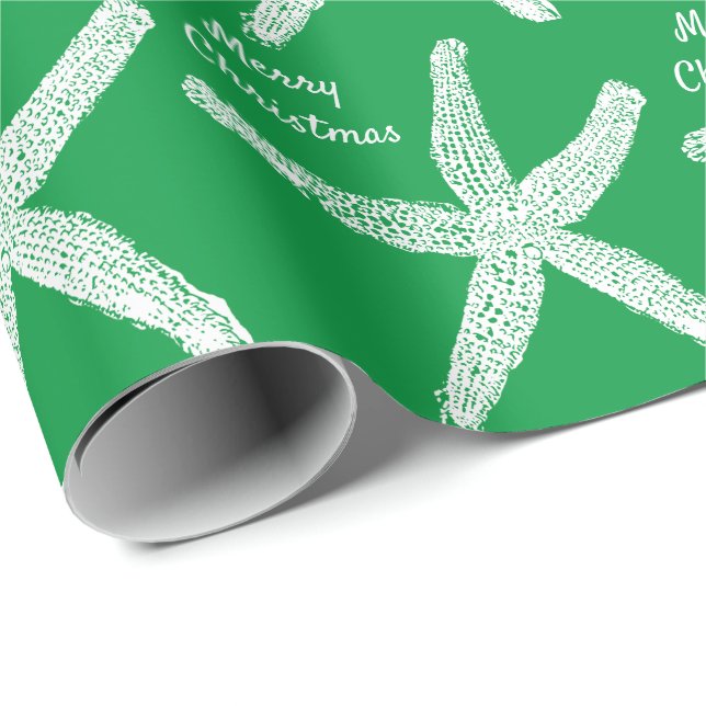 Starfish Pattern Green White Beach Merry Christmas Wrapping Paper (Roll Corner)