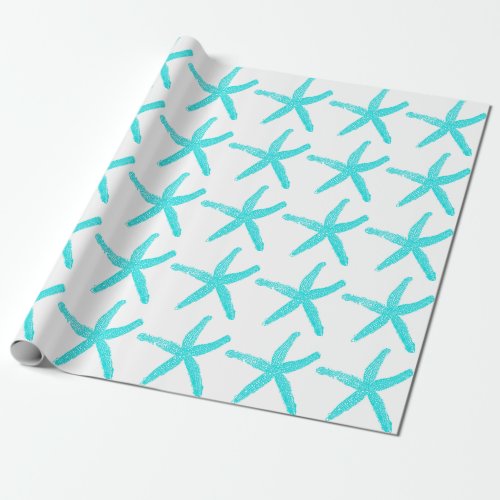 Starfish Pattern Light Teal White Beach Christmas Wrapping Paper
