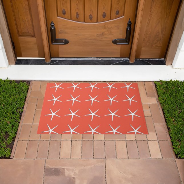 Starfish Pattern Orange Red Nautical Beach Decor Doormat (Outdoor)