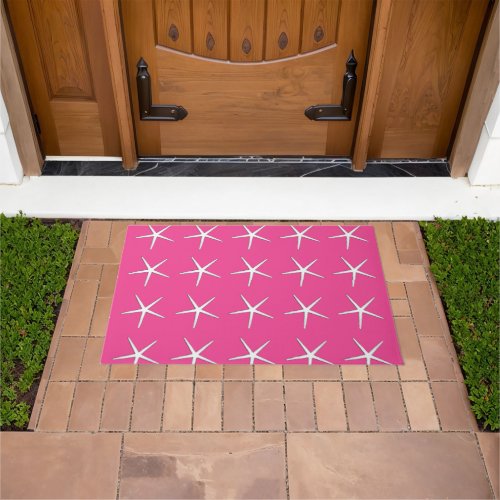 Starfish Pattern Pink White Nautical Beach Decor Doormat