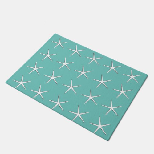 Starfish Pattern Teal Blue White Nautical Beach Doormat