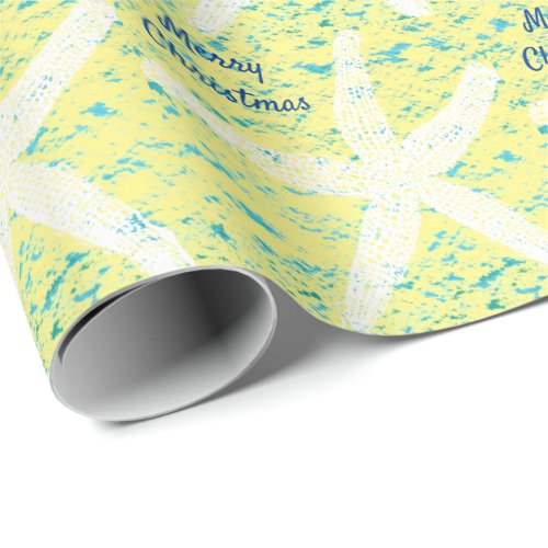Starfish Pattern Teal Yellow Beach Merry Christmas Wrapping Paper