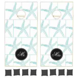 Starfish Pattern Wedding Mr & Mrs Teal Blue Black Cornhole Set