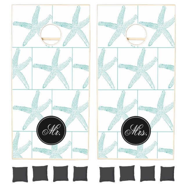 Starfish Pattern Wedding Mr & Mrs Teal Blue Black Cornhole Set (Set)