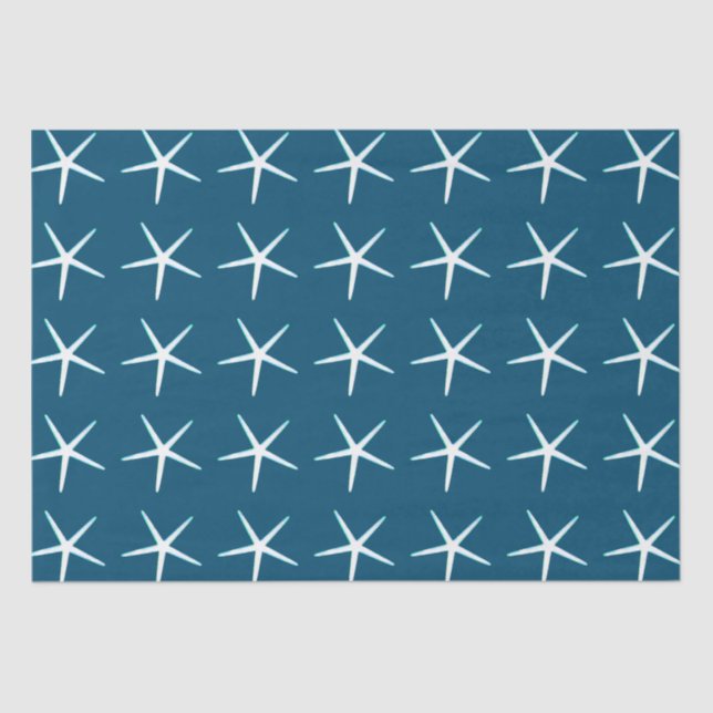 Starfish Pattern White Blue Cute Elegant Nautical  Tissue Paper (Front)