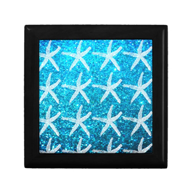 Starfish Patterns Beach Coastal Glittery Blue Cute Gift Box (Front)