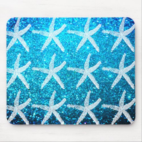 Starfish Patterns Beach Coastal Glittery Blue Cute Mouse Pad
