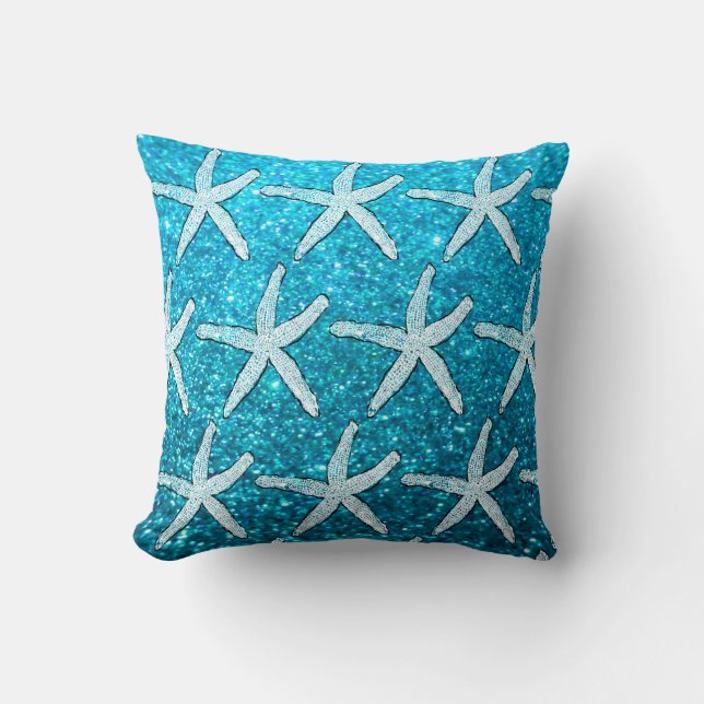 Starfish Patterns Blue Glitter Sparkle Beach Gift Throw Pillow (Front)