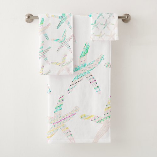 Starfish Patterns Coastal Beach Teal Blue White Bath Towel Set