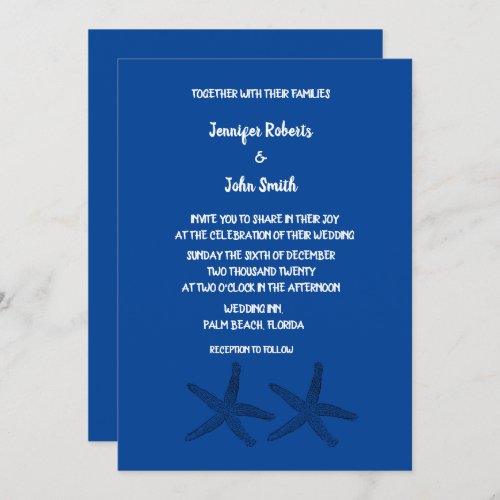 Starfish Patterns Deep Blue White Elegant Wedding Invitation