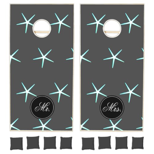 Starfish Patterns Mr  Mrs Teal Blue Grey Wedding Cornhole Set