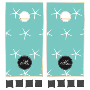 Starfish Patterns Mr & Mrs Teal Blue White Wedding Cornhole Set