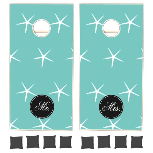 Starfish Patterns Mr  Mrs Teal Blue White Wedding Cornhole Set