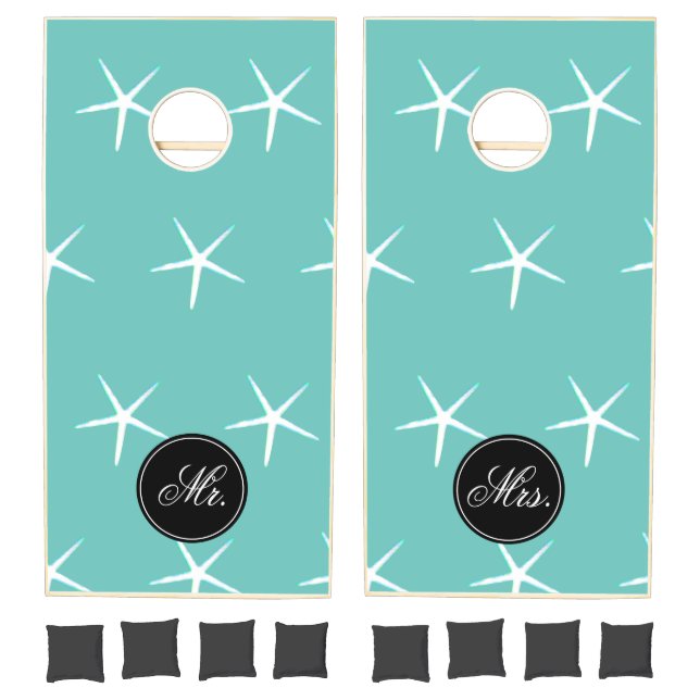 Starfish Patterns Mr & Mrs Teal Blue White Wedding Cornhole Set (Set)