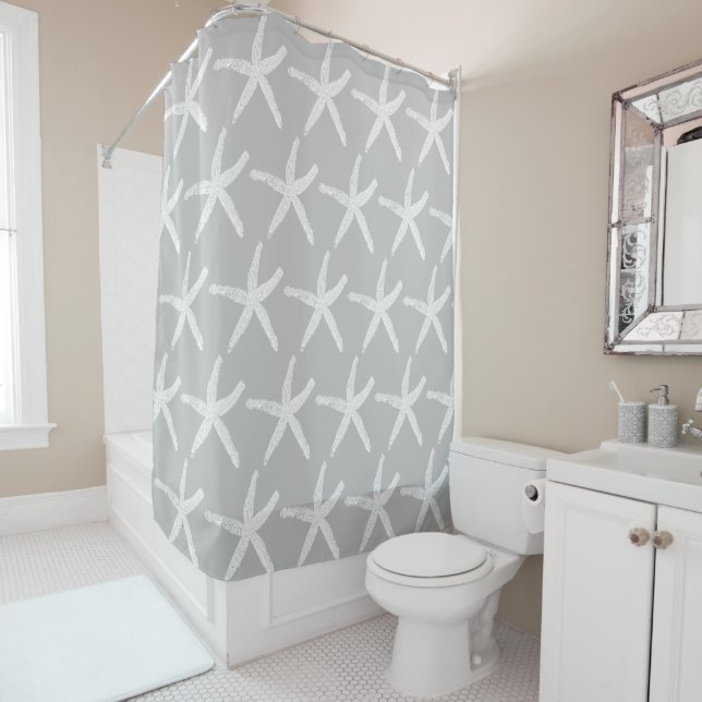 Starfish Patterns Nautical Beach Grey Gray White Shower Curtain (In Situ)