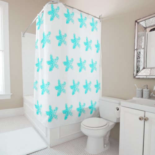 Starfish Patterns Nautical Beach Teal Blue White Shower Curtain