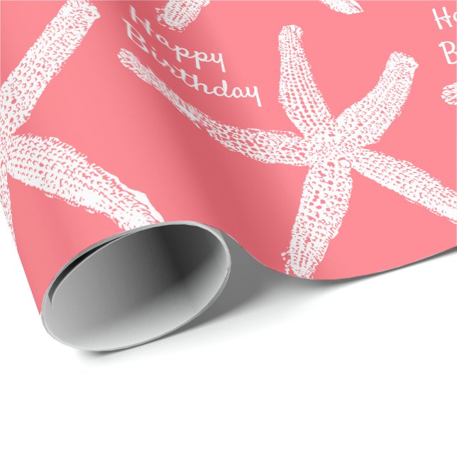 Starfish Patterns Salmon Pink Beach Happy Birthday Wrapping Paper (Roll Corner)