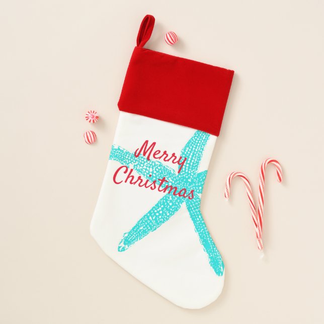 Starfish Patterns Teal Red Beach Merry Christmas Christmas Stocking (Front)