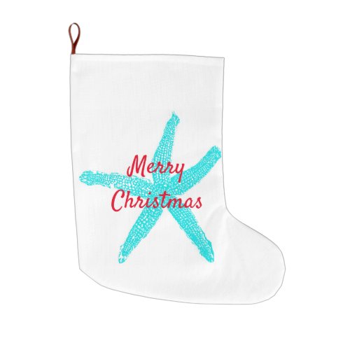 Starfish Patterns Teal Red Beach Merry Christmas Large Christmas Stocking