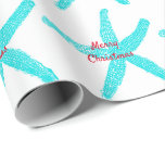 Starfish Patterns Teal Red Beach Merry Christmas Wrapping Paper<br><div class="desc">Printed with teal blue starfish patterns in white background with text template for 'Merry Christmas'!</div>