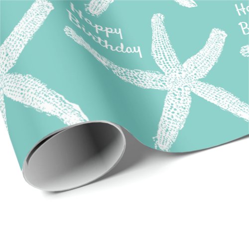 Starfish Patterns Teal White Beach Happy Birthday Wrapping Paper