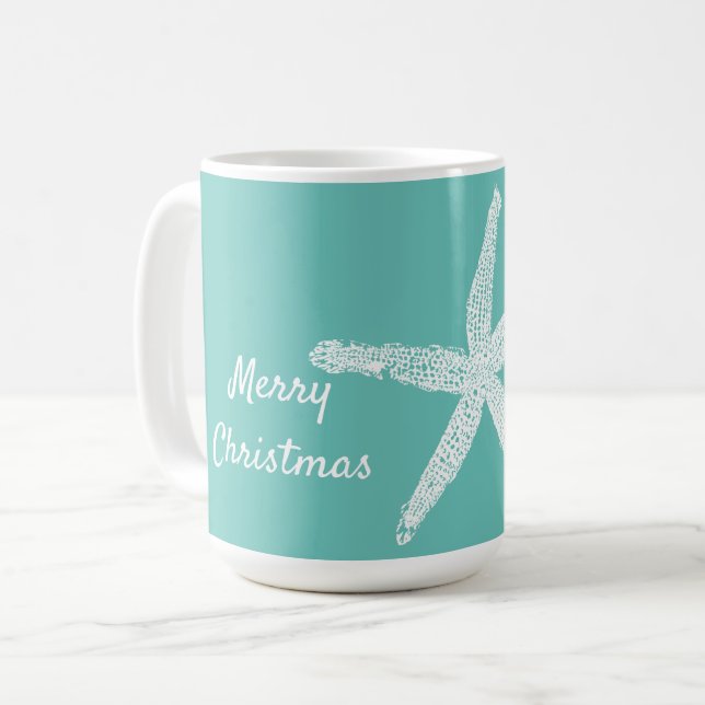 Starfish Patterns Teal White Beach Merry Christmas Coffee Mug (Front Left)