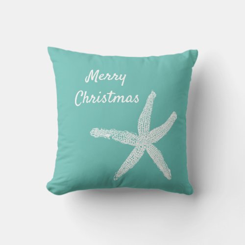Starfish Patterns Teal White Beach Merry Christmas Throw Pillow