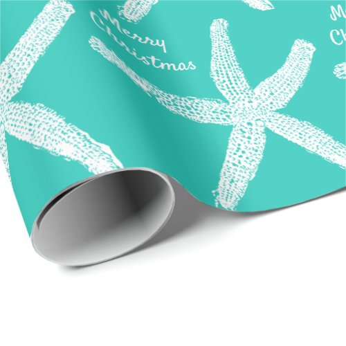 Starfish Patterns Teal White Merry Christmas 2023 Wrapping Paper