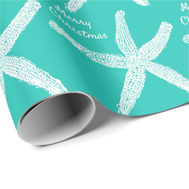 Starfish Patterns Teal White Merry Christmas 2023 Wrapping Paper (Roll Corner)