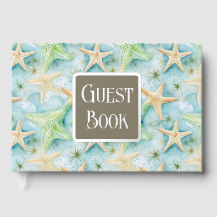 Starfish peach green nautical coastal real foil guest book 