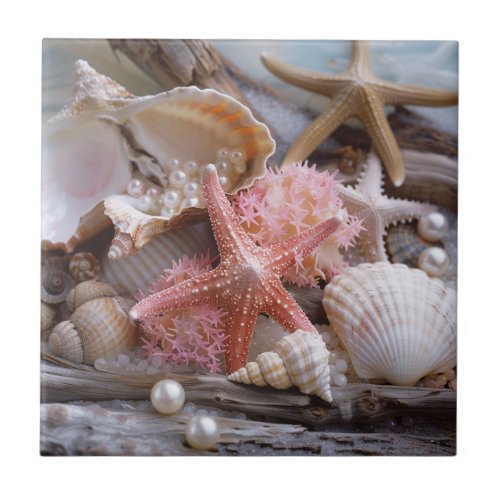 Starfish Pearls Seashells Driftwood Beach Ceramic Tile