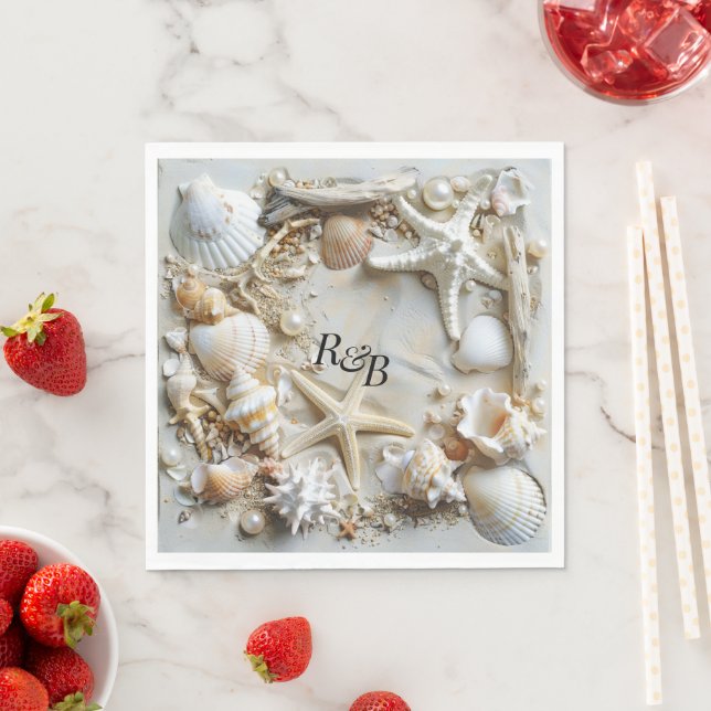 Starfish Pearls Seashells Driftwood Beach Napkins (Insitu)