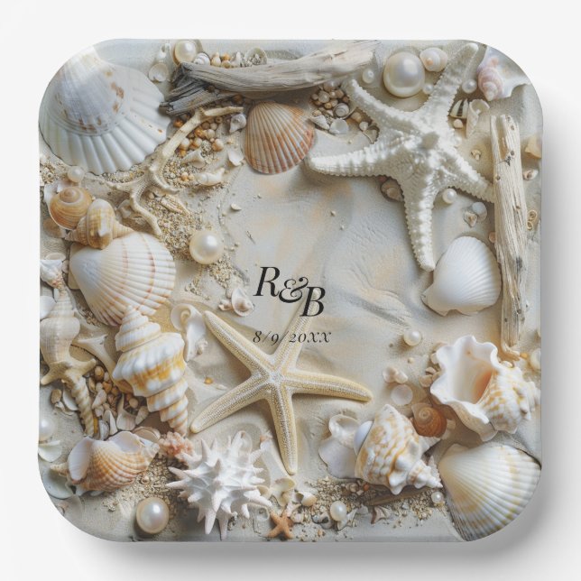 Starfish Pearls Seashells Driftwood Beach Paper Plates (Front)