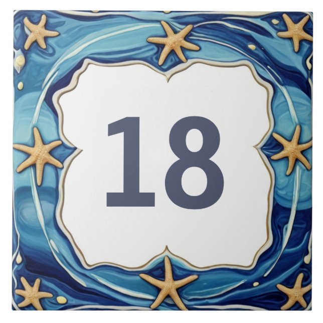 Starfish Personalized Beach House Number Sign Ceramic Tile (Front)