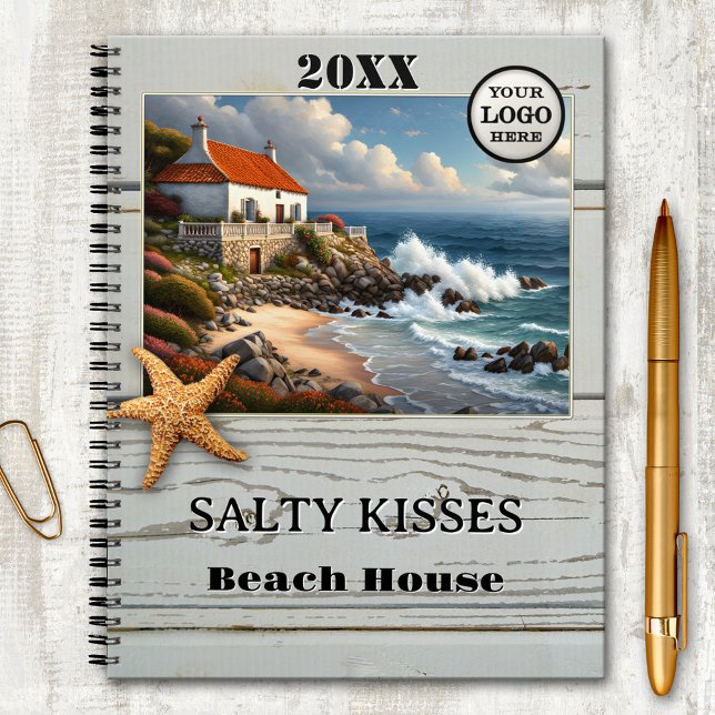 Starfish Photo Beach House Coastal Planner (Beach house planner featuring your custom photo and logo on a weathered wood design with starfish)