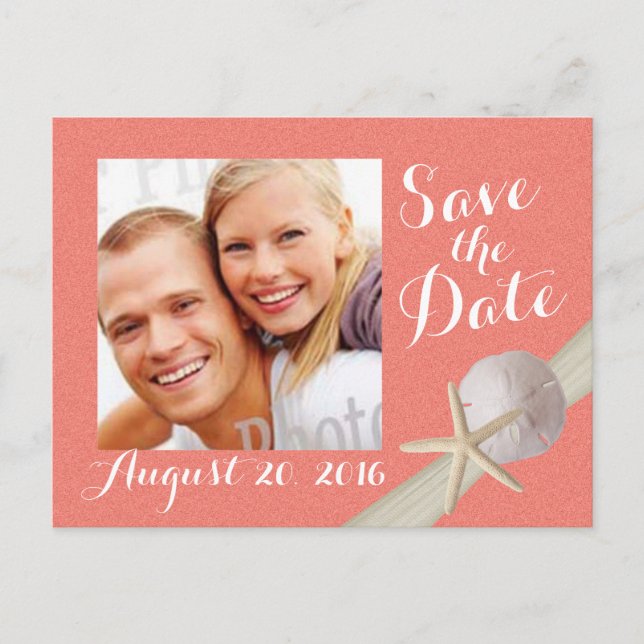 Starfish Photo Save the Date Coral Announcement Postcard (Front)