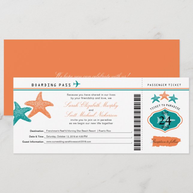 Starfish Puerto Rico Boarding Pass Wedding Invitation (Front/Back)