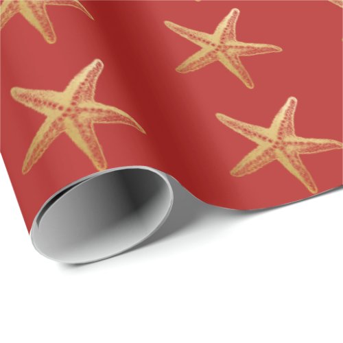 Starfish Red Gold Beach Holiday Christmas Wrapping Paper