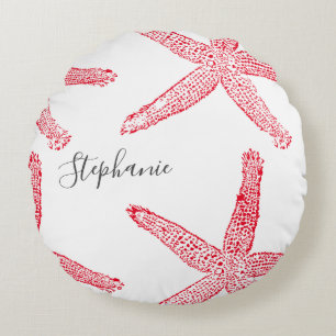 Starfish Red White Beach Grey Name Christmas Round Pillow