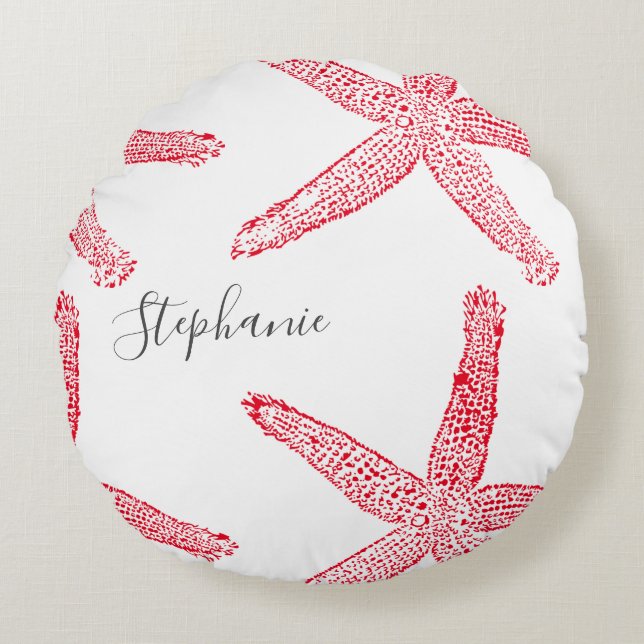Starfish Red White Beach Grey Name Christmas Round Pillow (Front)