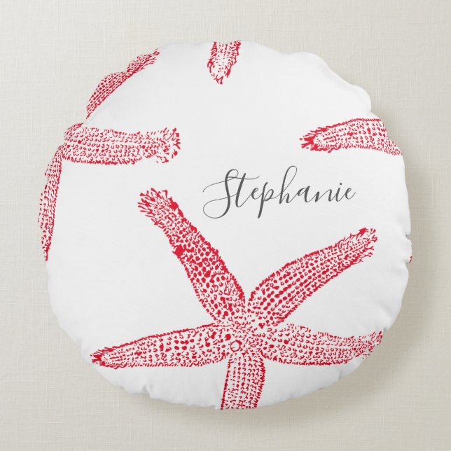 Starfish Red White Beach Name Template Christmas Round Pillow (Front)