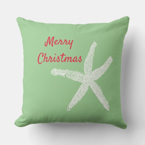 Starfish Red White Green Beach Merry Christmas Outdoor Pillow