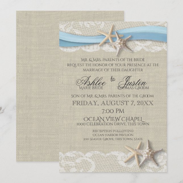 Starfish Ribbon and Lace Light Blue Wedding Invitation (Front/Back)