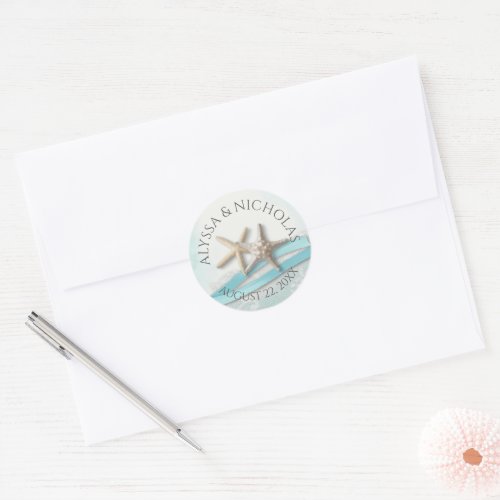 Starfish Ribbon and Lace Ocean Blue Wedding Classic Round Sticker